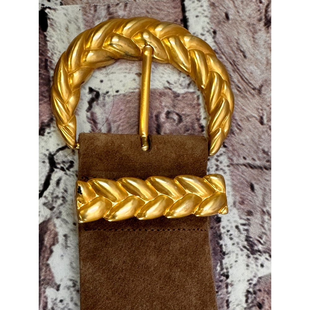Anne Klein for Calderon Brown Suede Wide Waist Belt Gold Braided Buckle Medium - Picture 7 of 11
